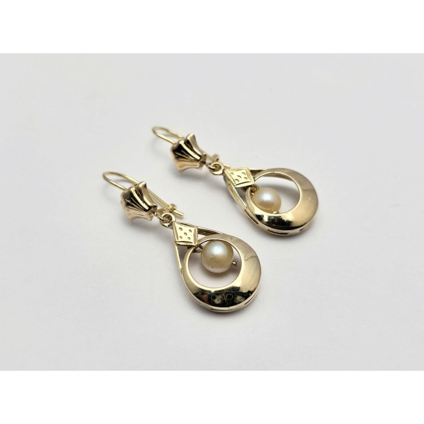 14K Yellow Gold Pearl Drop Dangle French Clip Earrings