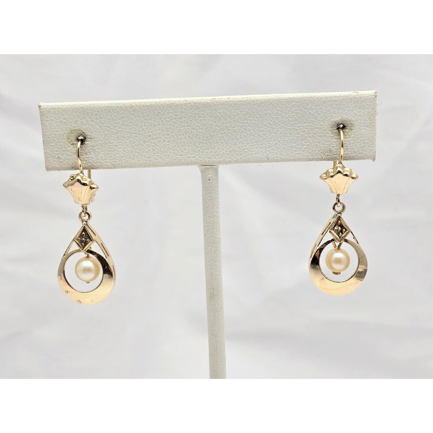 14K Yellow Gold Pearl Drop Dangle French Clip Earrings