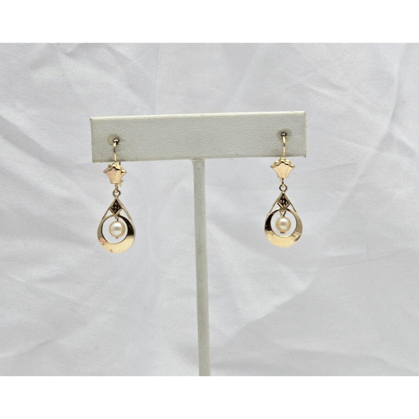 14K Yellow Gold Pearl Drop Dangle French Clip Earrings
