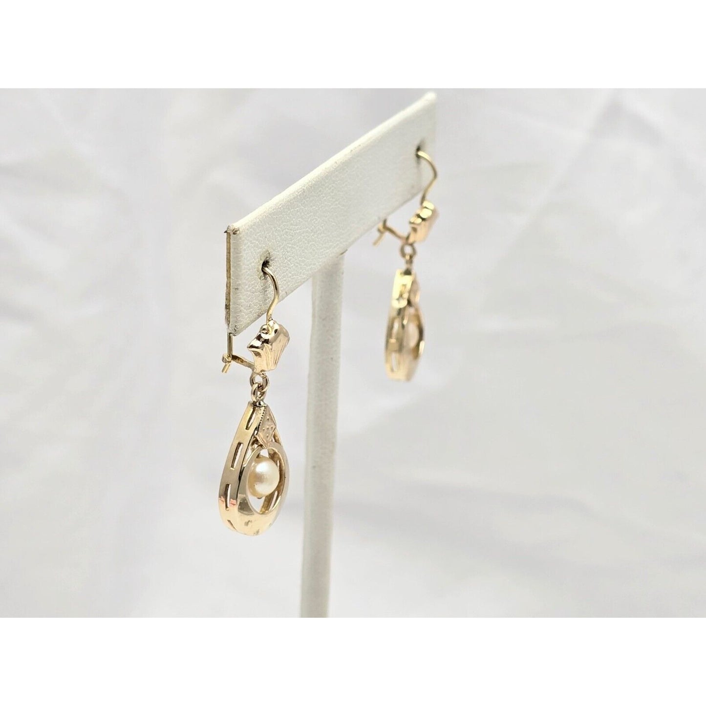 14K Yellow Gold Pearl Drop Dangle French Clip Earrings