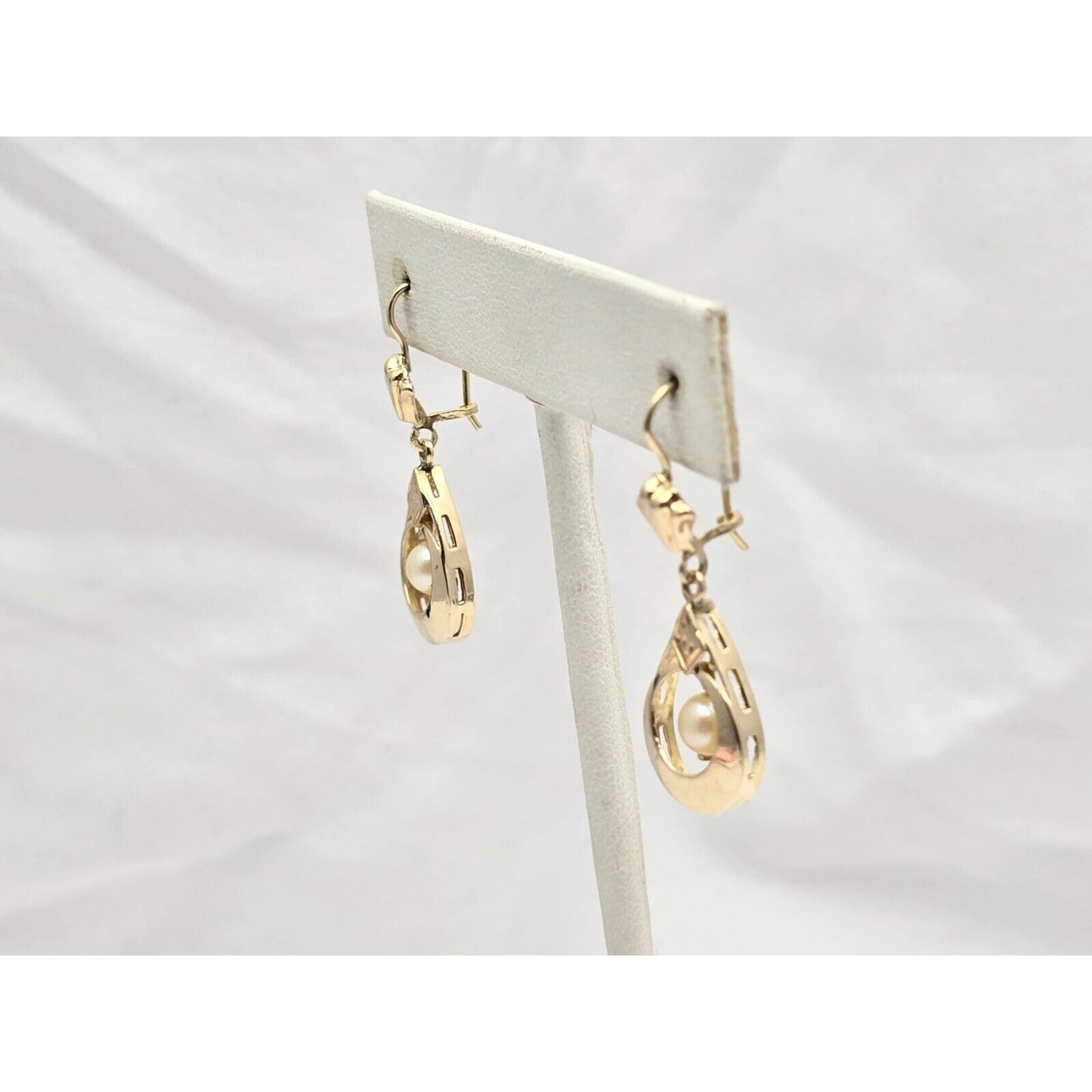 14K Yellow Gold Pearl Drop Dangle French Clip Earrings