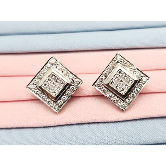 18K White Gold Diamond French Clip Square Shaped Earrings
