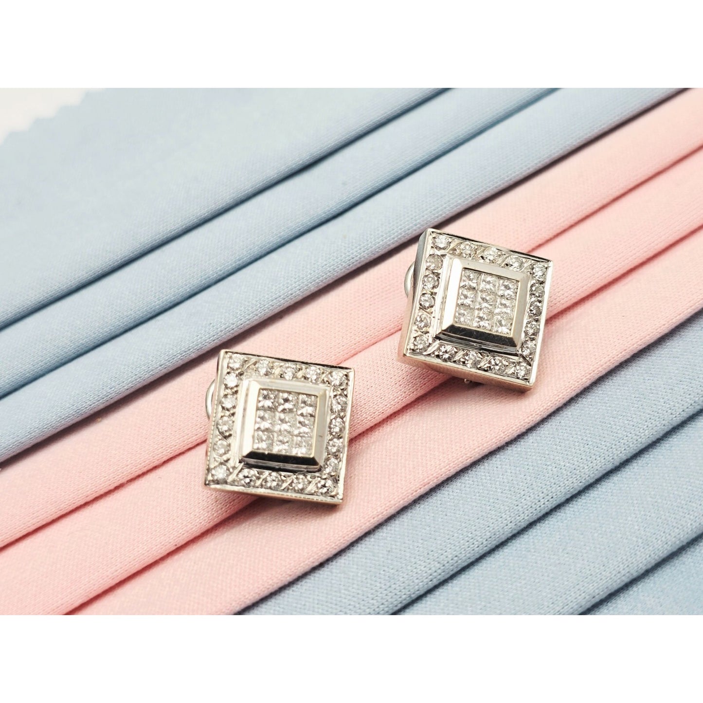 18K White Gold Diamond French Clip Square Shaped Earrings