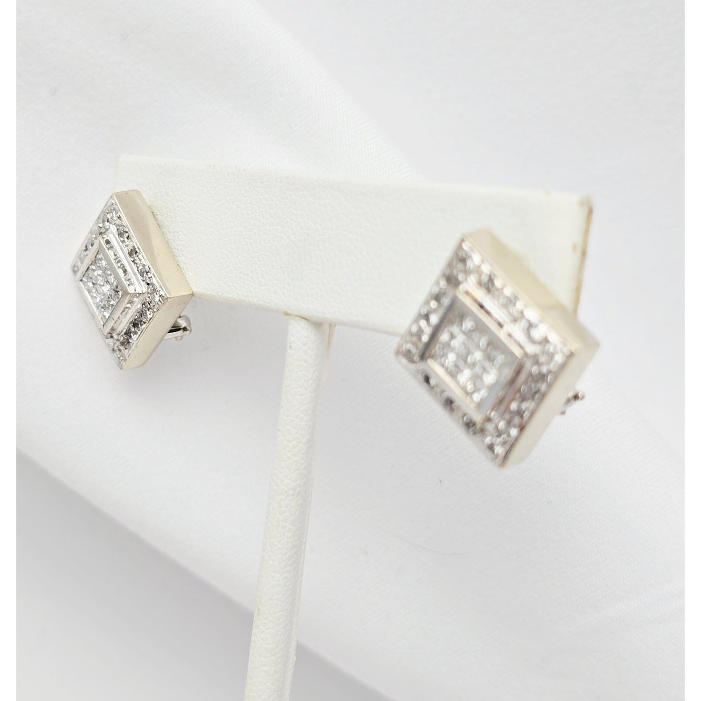 18K White Gold Diamond French Clip Square Shaped Earrings