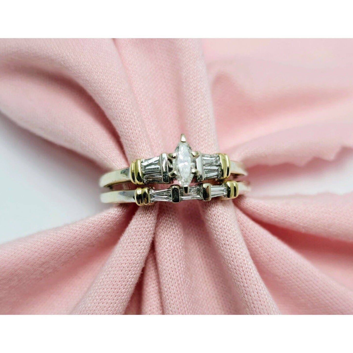 14K Two Tone Gold Ladies Wedding Solitaire Marquise Diamond Ring Set