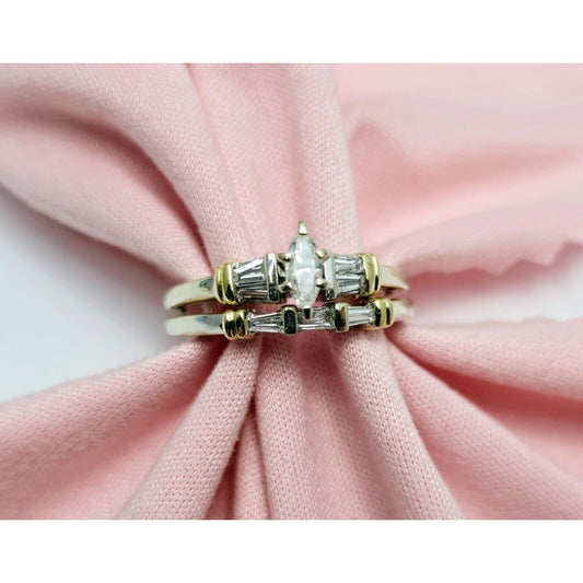 14K Two Tone Gold Ladies Wedding Solitaire Marquise Diamond Ring Set