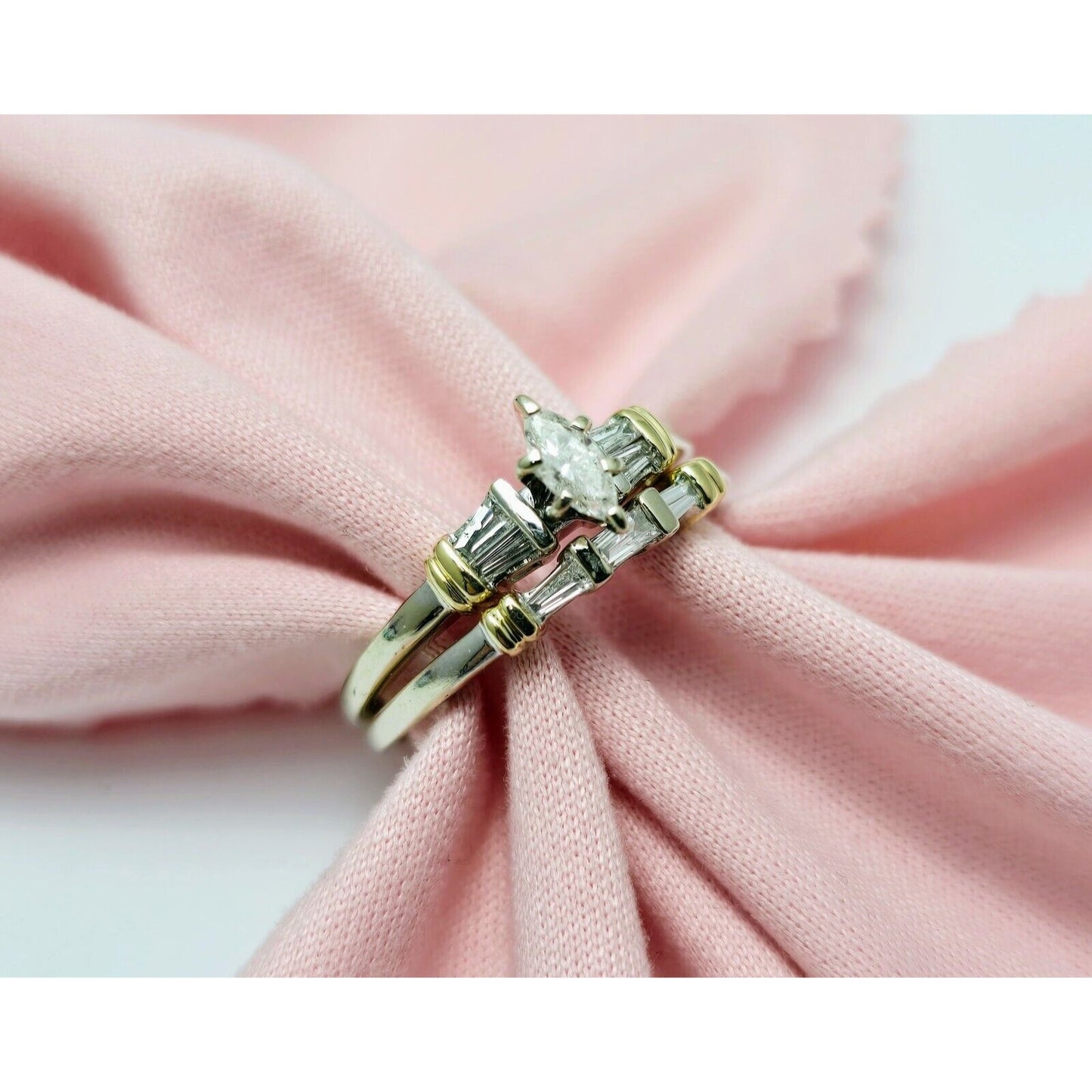 14K Two Tone Gold Ladies Wedding Solitaire Marquise Diamond Ring Set