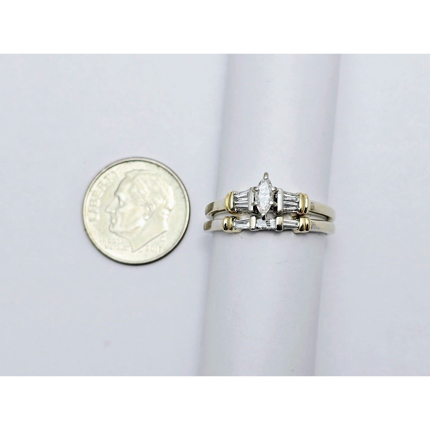 14K Two Tone Gold Ladies Wedding Solitaire Marquise Diamond Ring Set