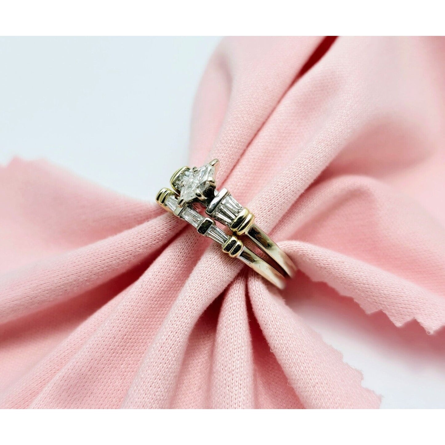 14K Two Tone Gold Ladies Wedding Solitaire Marquise Diamond Ring Set