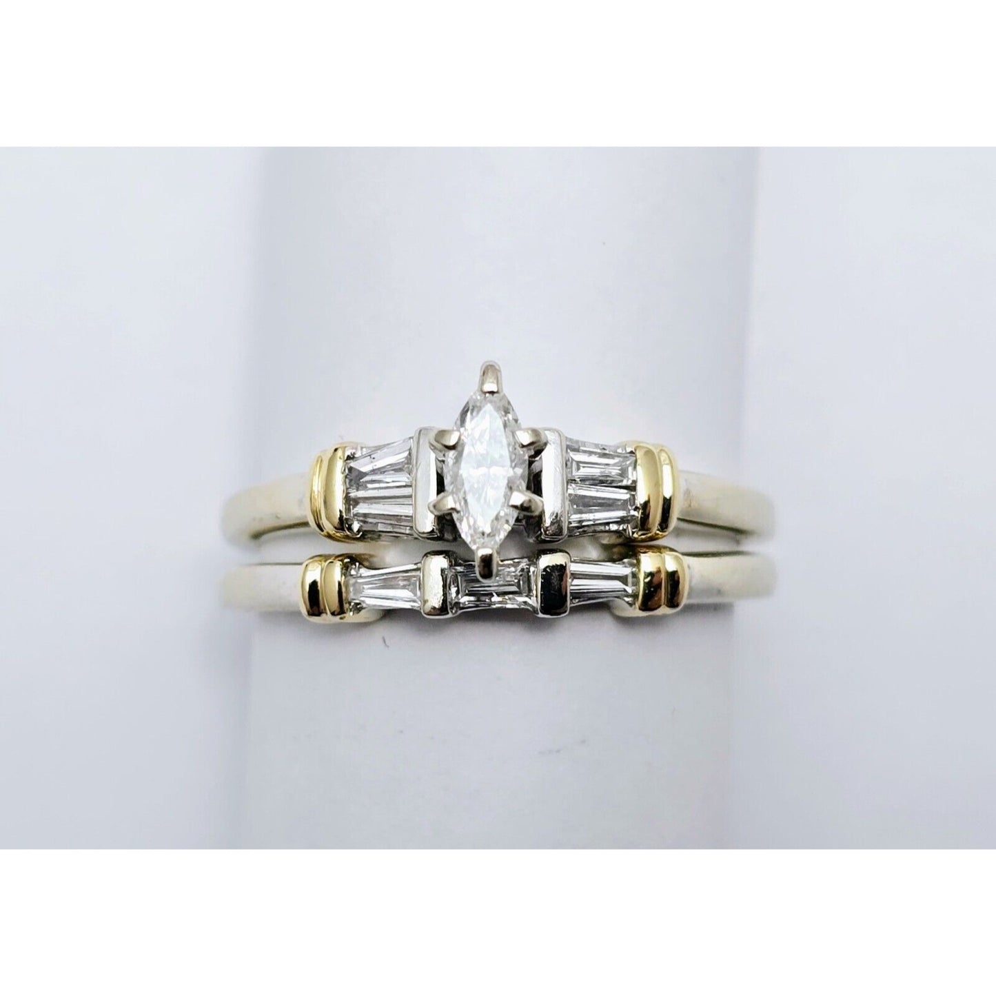 14K Two Tone Gold Ladies Wedding Solitaire Marquise Diamond Ring Set