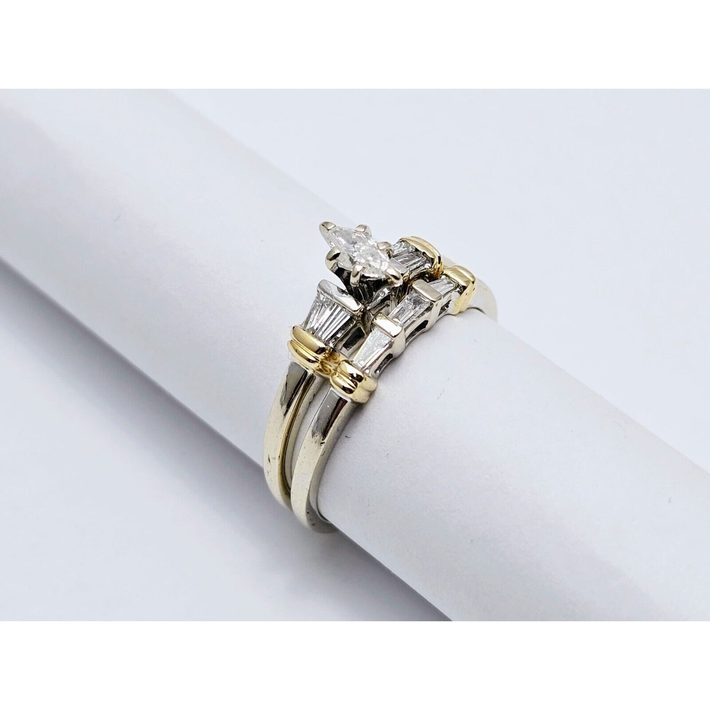 14K Two Tone Gold Ladies Wedding Solitaire Marquise Diamond Ring Set