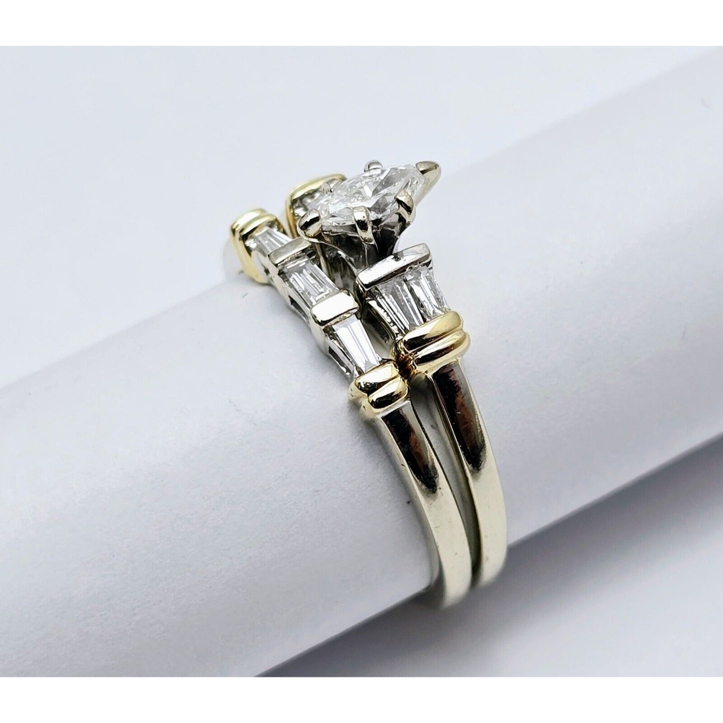 14K Two Tone Gold Ladies Wedding Solitaire Marquise Diamond Ring Set