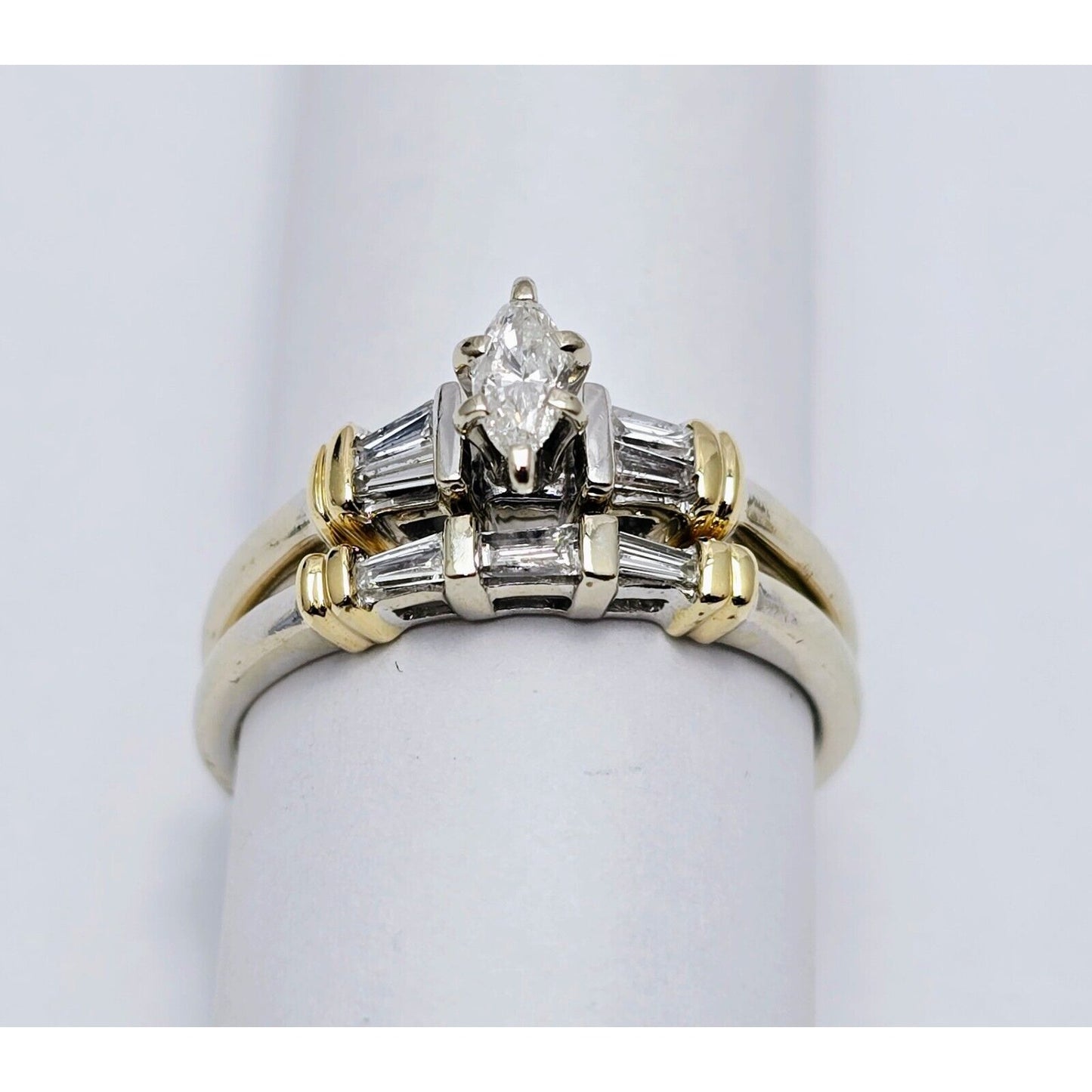 14K Two Tone Gold Ladies Wedding Solitaire Marquise Diamond Ring Set