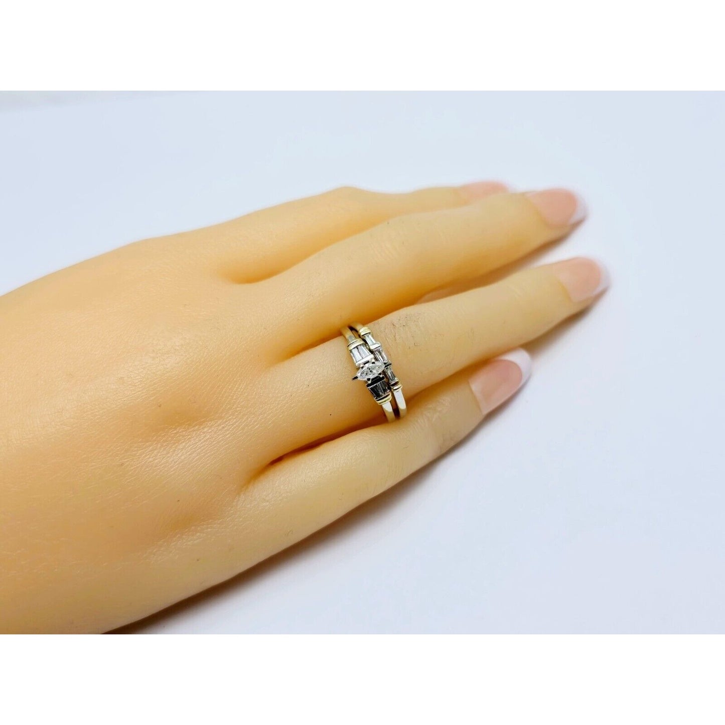 14K Two Tone Gold Ladies Wedding Solitaire Marquise Diamond Ring Set