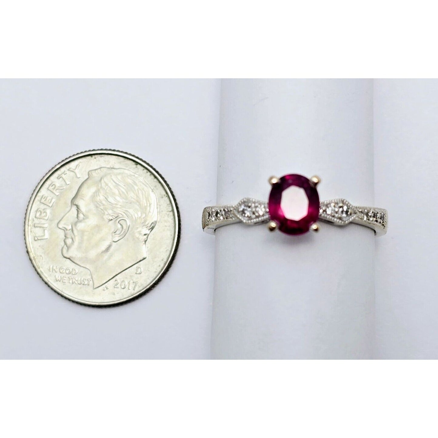18K White Gold Ladies Solitaire Round Cut Ruby & Diamond Ring