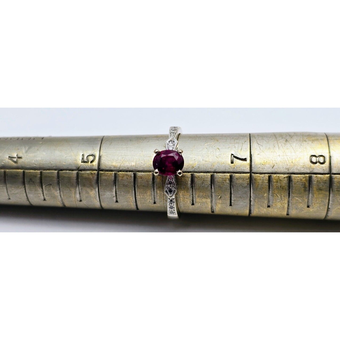 18K White Gold Ladies Solitaire Round Cut Ruby & Diamond Ring