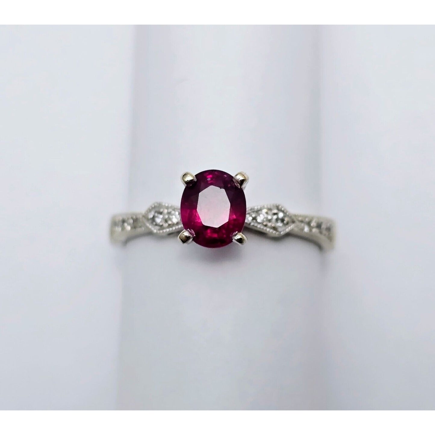 18K White Gold Ladies Solitaire Round Cut Ruby & Diamond Ring