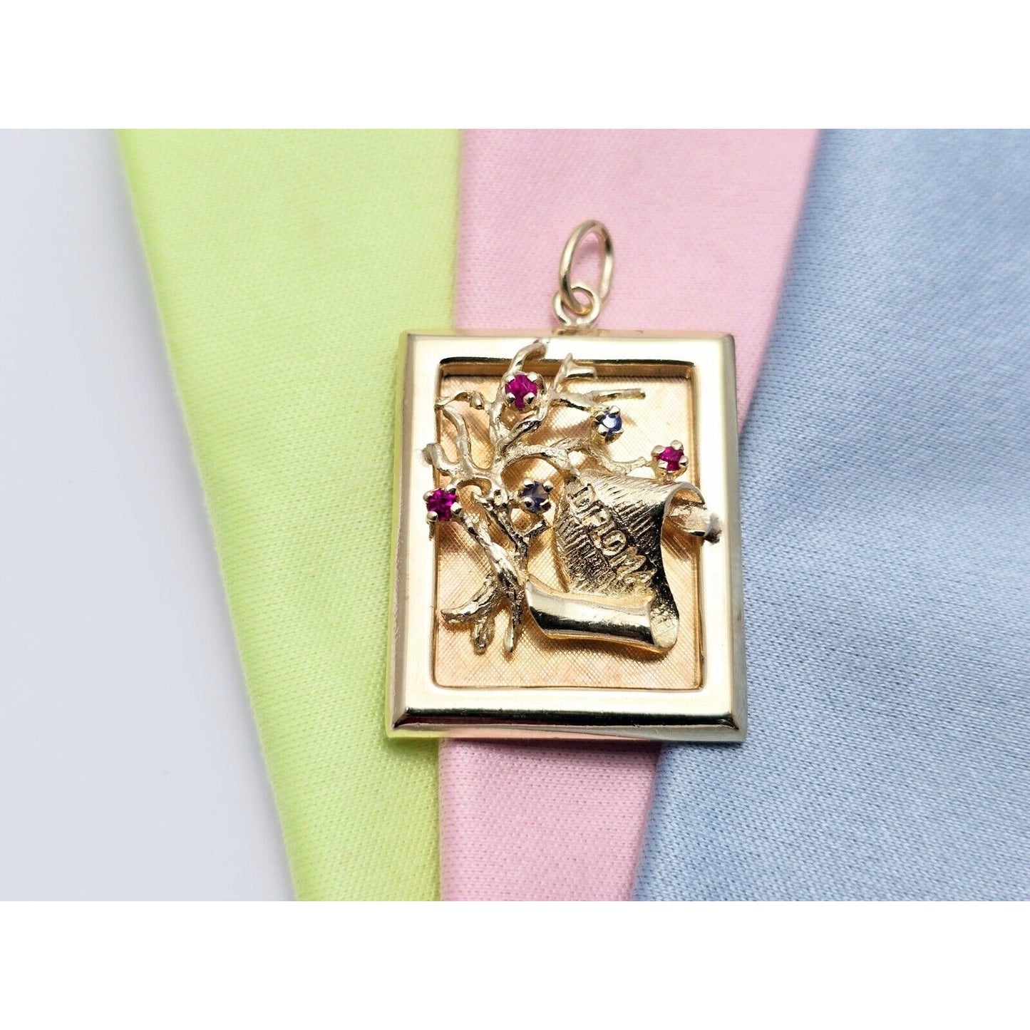 14K Yellow Gold Ruby & Sapphire Diploma Graduate Square Charm Pendant