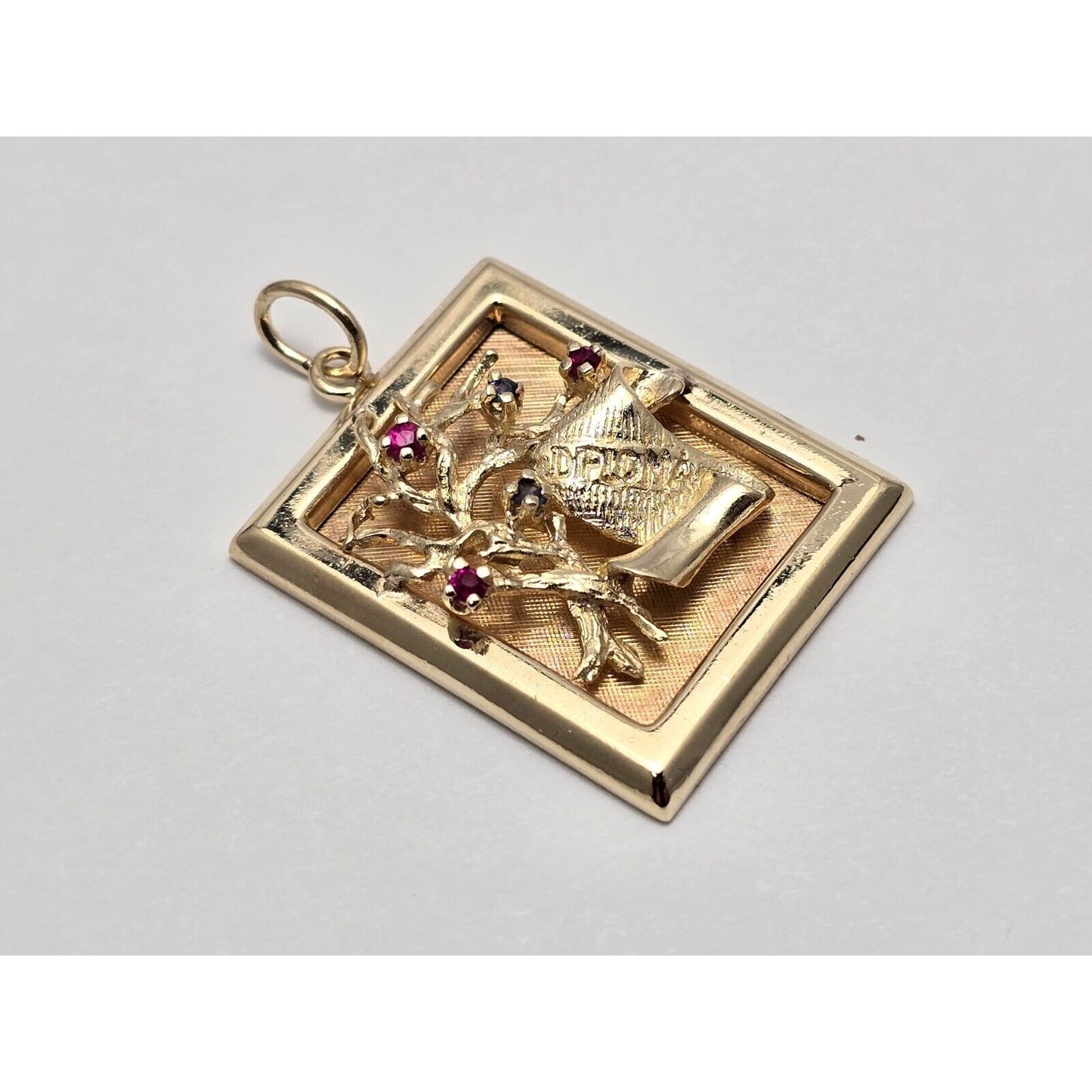 14K Yellow Gold Ruby & Sapphire Diploma Graduate Square Charm Pendant