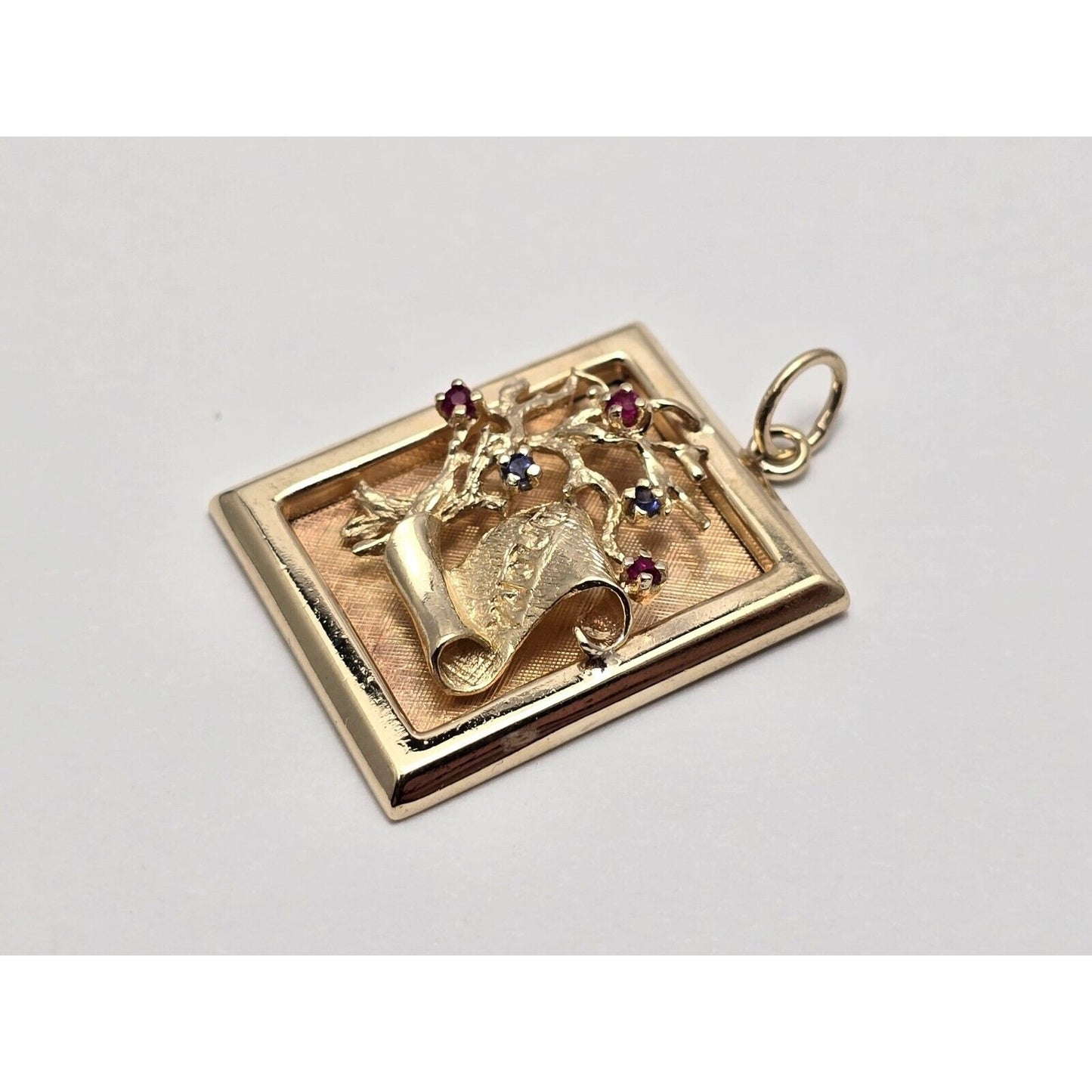 14K Yellow Gold Ruby & Sapphire Diploma Graduate Square Charm Pendant