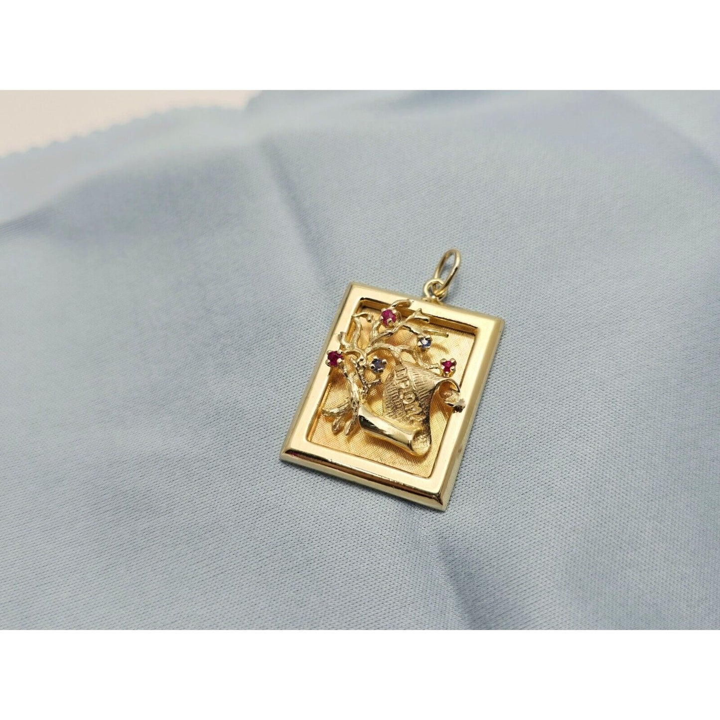 14K Yellow Gold Ruby & Sapphire Diploma Graduate Square Charm Pendant