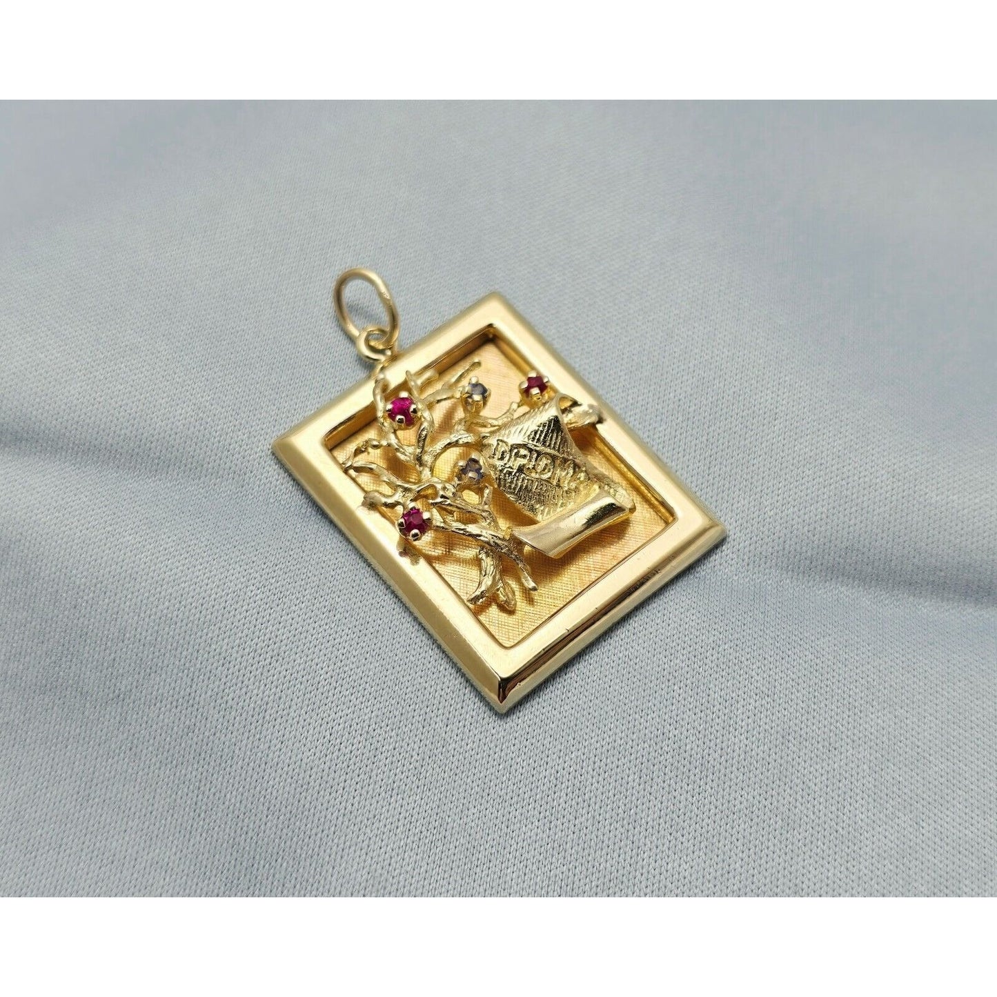 14K Yellow Gold Ruby & Sapphire Diploma Graduate Square Charm Pendant