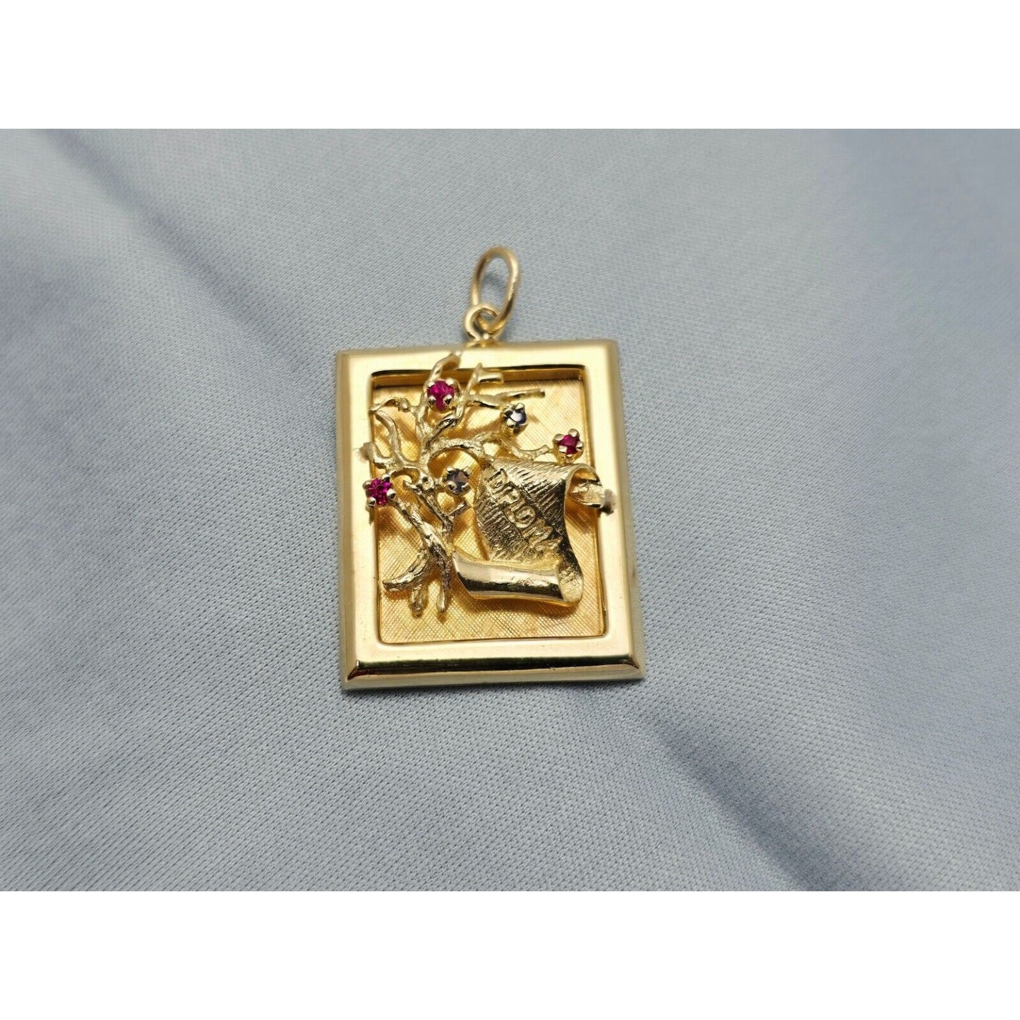 14K Yellow Gold Ruby & Sapphire Diploma Graduate Square Charm Pendant