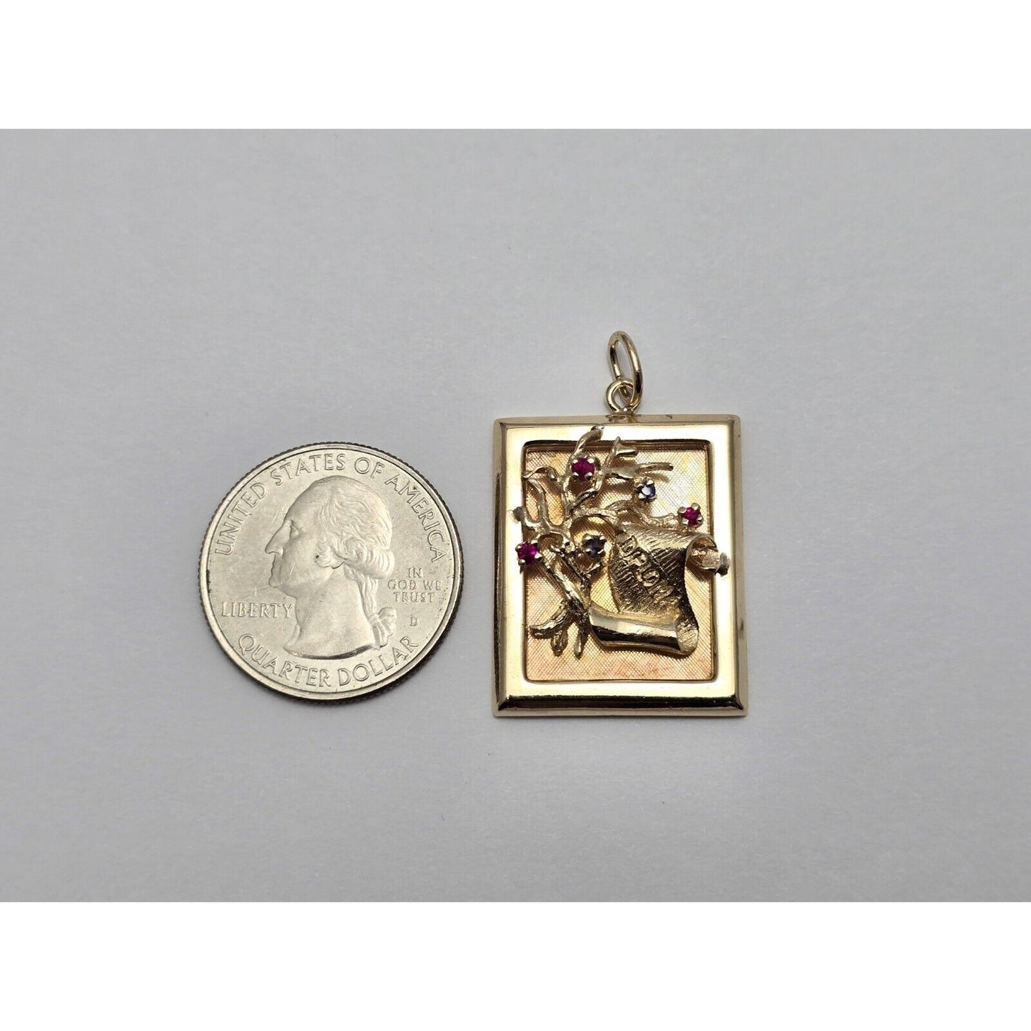 14K Yellow Gold Ruby & Sapphire Diploma Graduate Square Charm Pendant