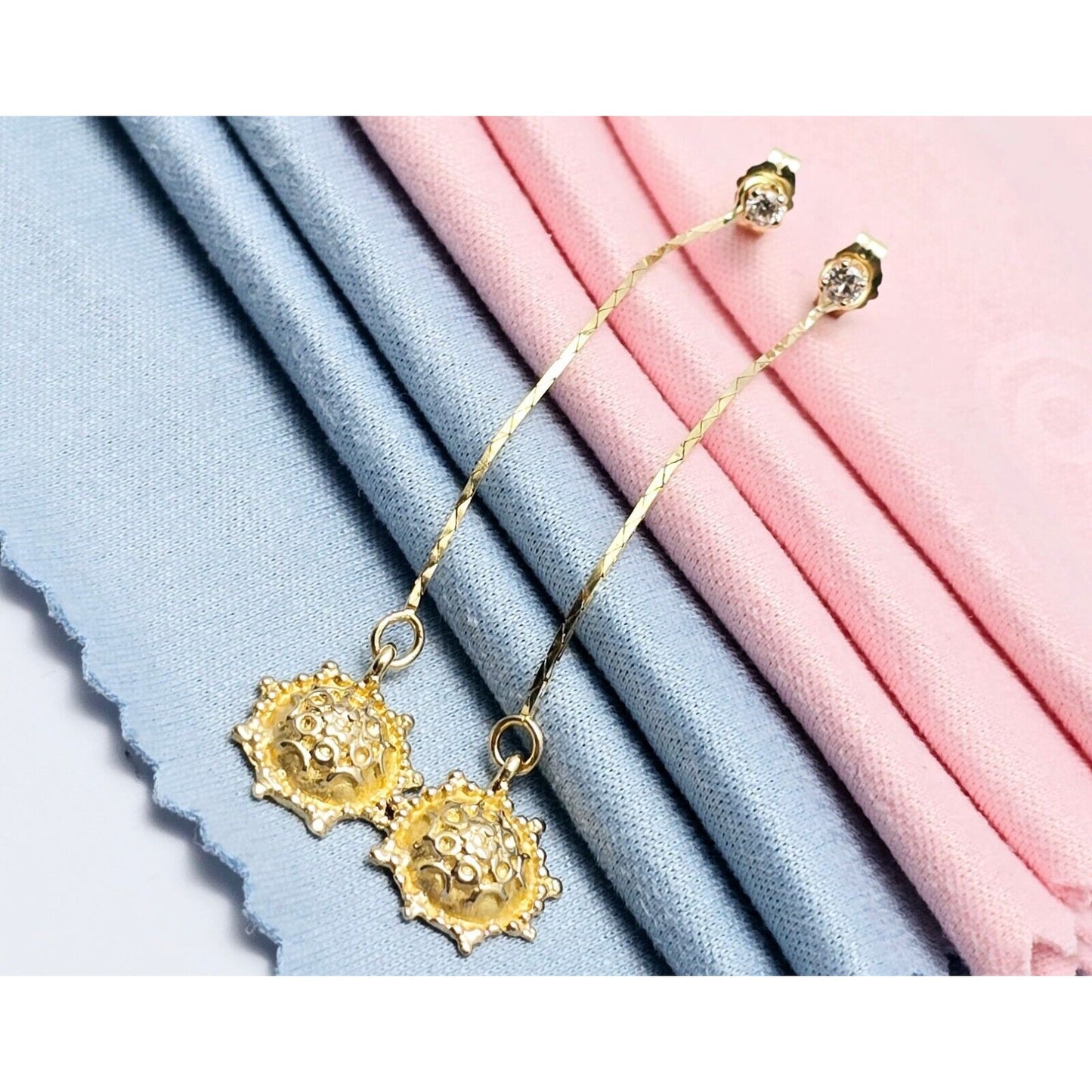 14K Yellow Gold Dangle Drop Sun Diamond Jacket Stud Earrings