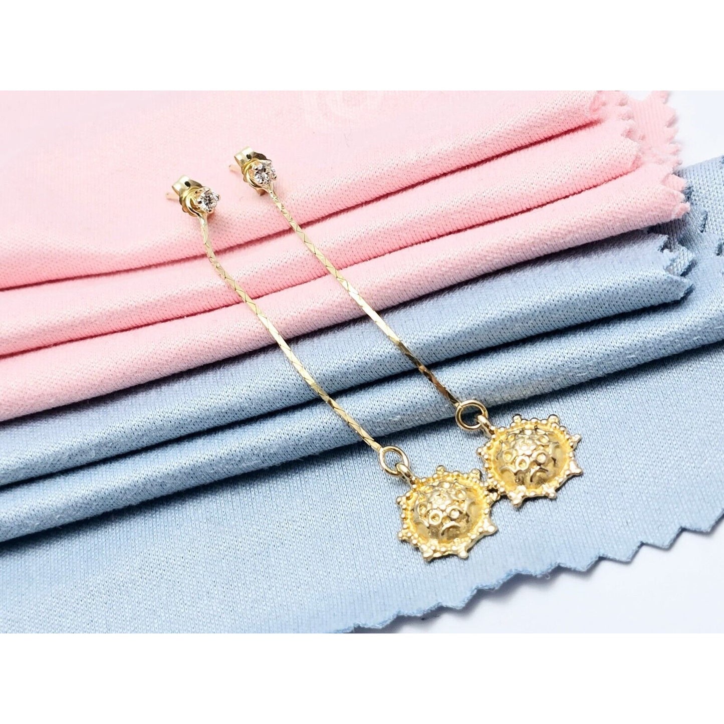 14K Yellow Gold Dangle Drop Sun Diamond Jacket Stud Earrings