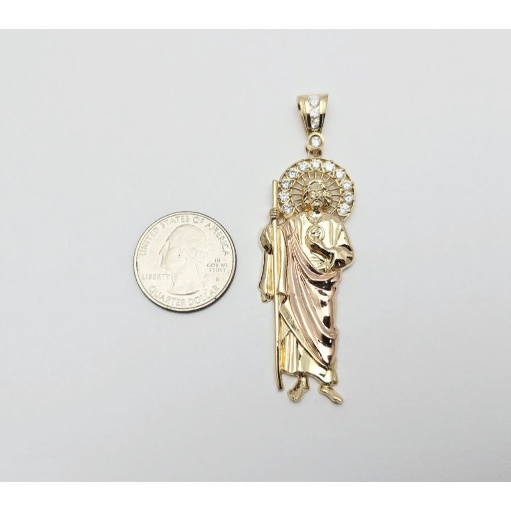 Large 14K Two Tone Gold Saint Jude CZ Charm Pendant