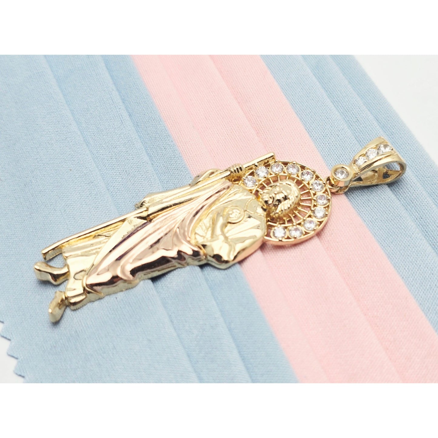 Large 14K Two Tone Gold Saint Jude CZ Charm Pendant