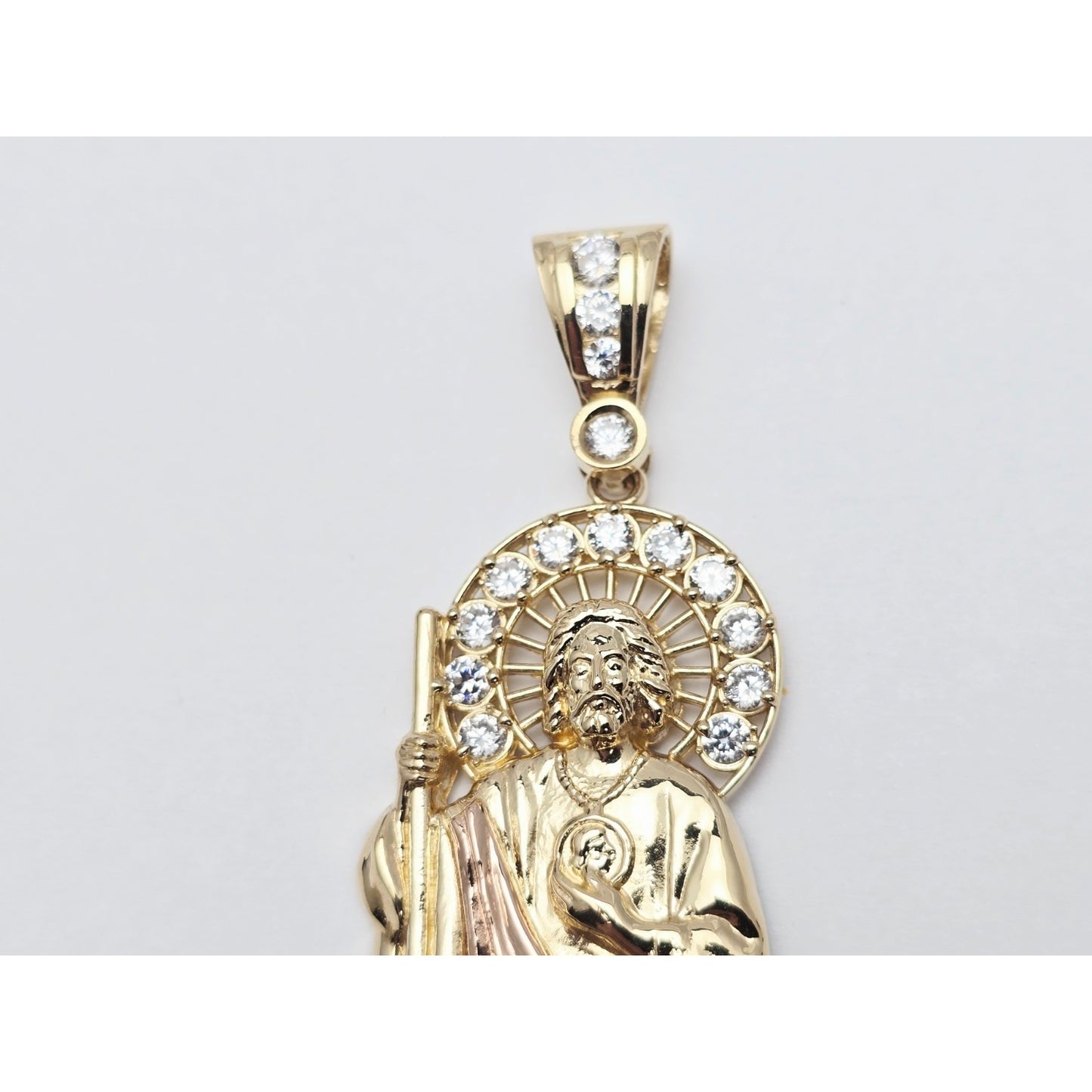 Large 14K Two Tone Gold Saint Jude CZ Charm Pendant