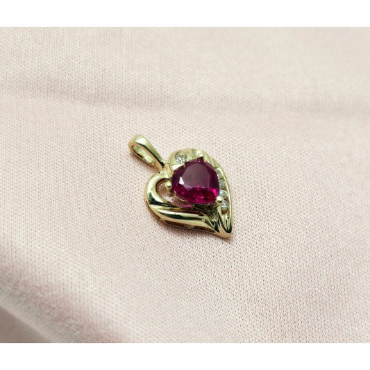 10K Yellow Gold Cubic Zirconia & Synthetic Ruby Heart Charm Pendant