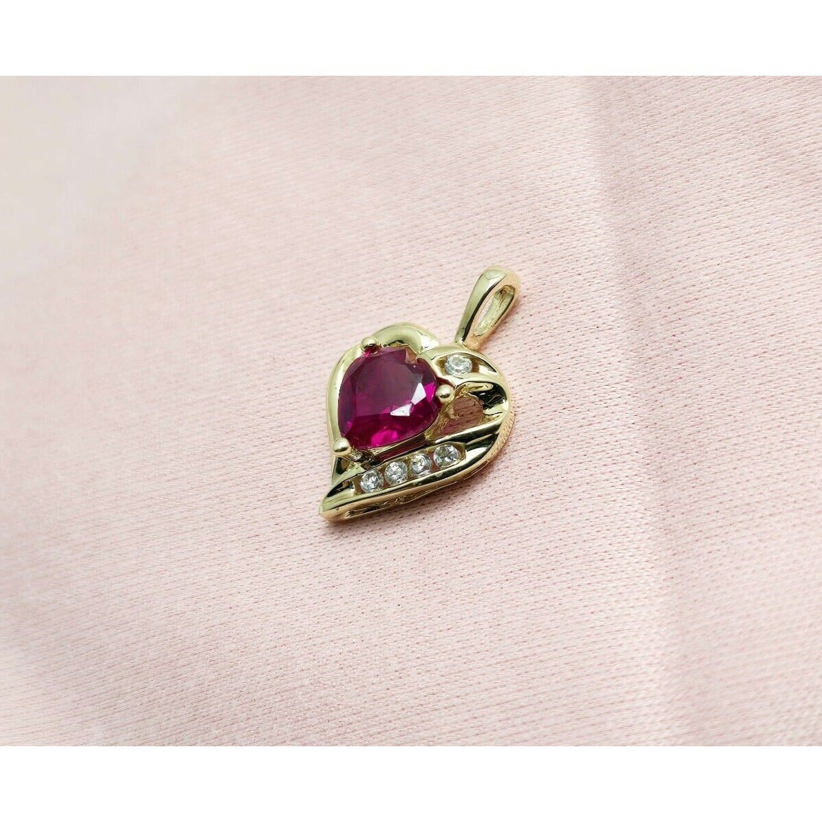 10K Yellow Gold Cubic Zirconia & Synthetic Ruby Heart Charm Pendant