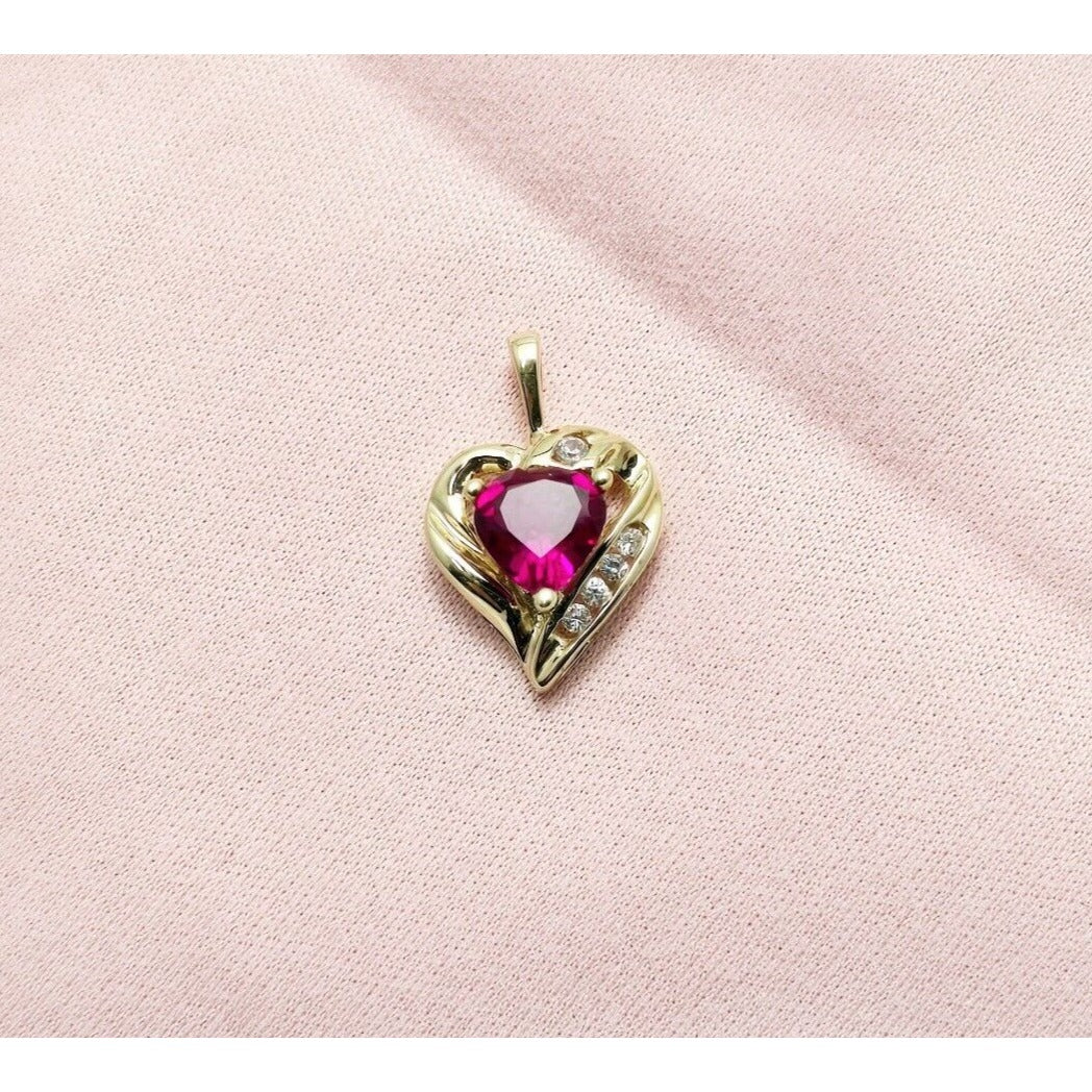 10K Yellow Gold Cubic Zirconia & Synthetic Ruby Heart Charm Pendant
