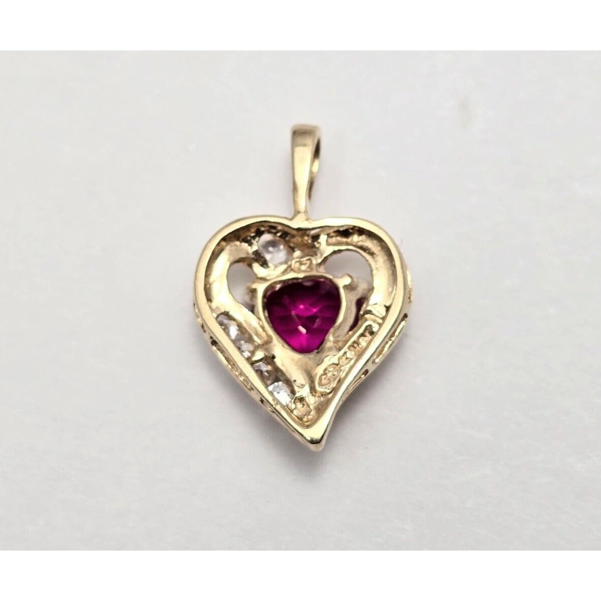 10K Yellow Gold Cubic Zirconia & Synthetic Ruby Heart Charm Pendant