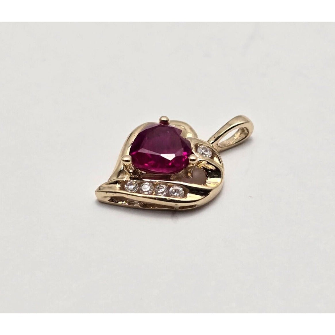 10K Yellow Gold Cubic Zirconia & Synthetic Ruby Heart Charm Pendant