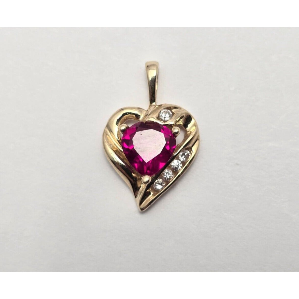 10K Yellow Gold Cubic Zirconia & Synthetic Ruby Heart Charm Pendant