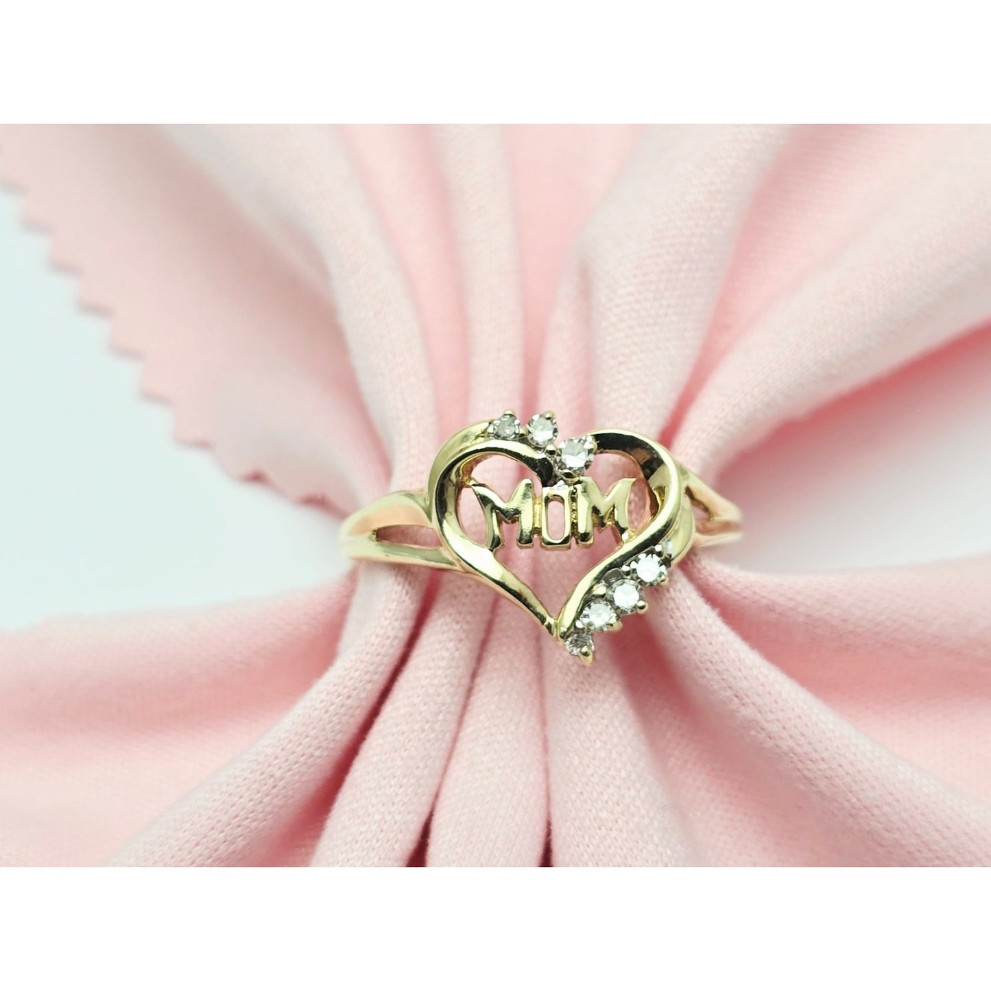 10K Yellow Gold Heart Shaped Initial Mom Diamond Ring