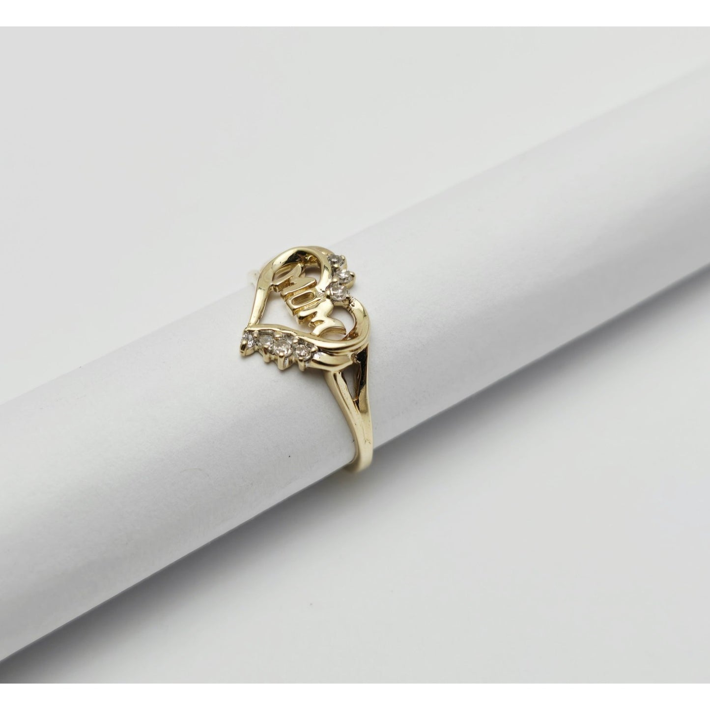 10K Yellow Gold Heart Shaped Initial Mom Diamond Ring