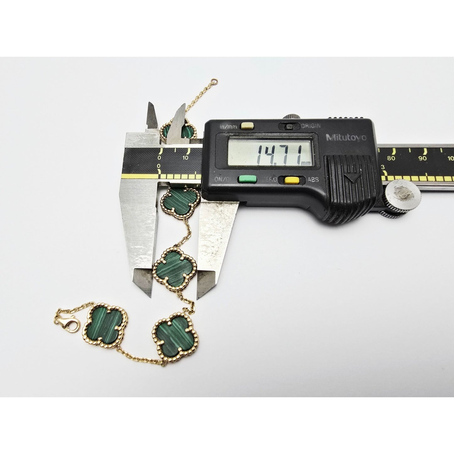 14K Yellow Gold Malachite Four Leaf Clover Cable Link Chain Bracelet