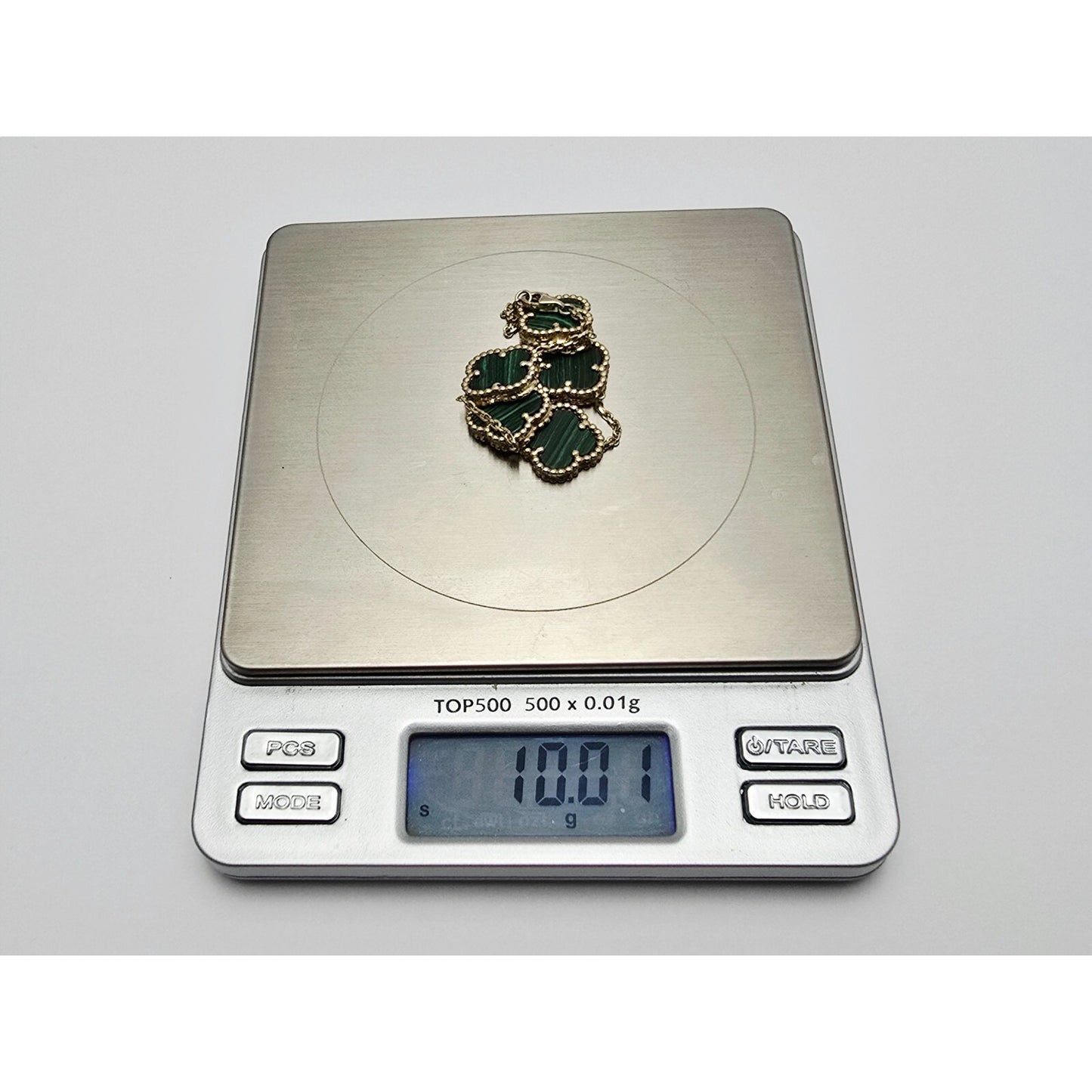 14K Yellow Gold Malachite Four Leaf Clover Cable Link Chain Bracelet