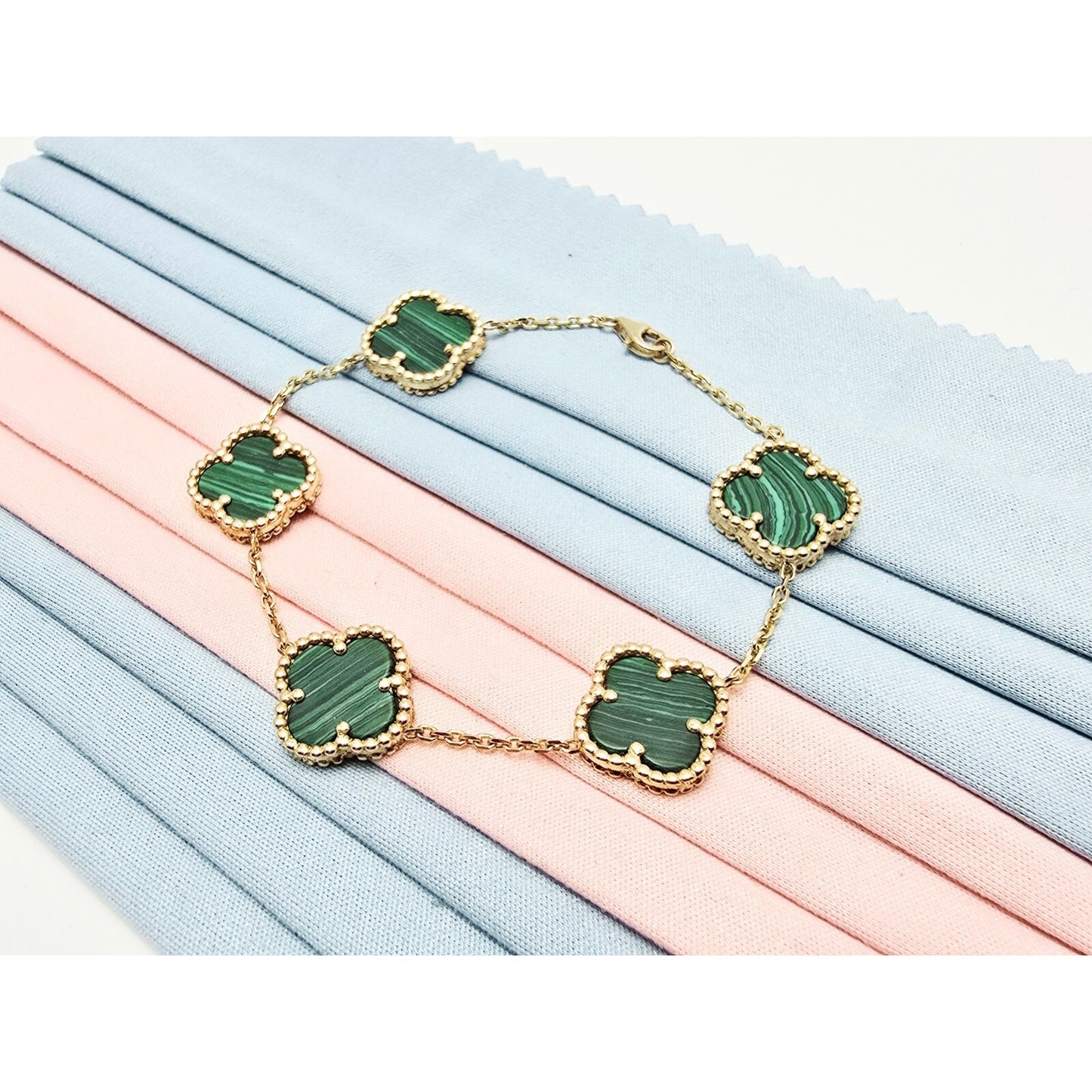 14K Yellow Gold Malachite Four Leaf Clover Cable Link Chain Bracelet