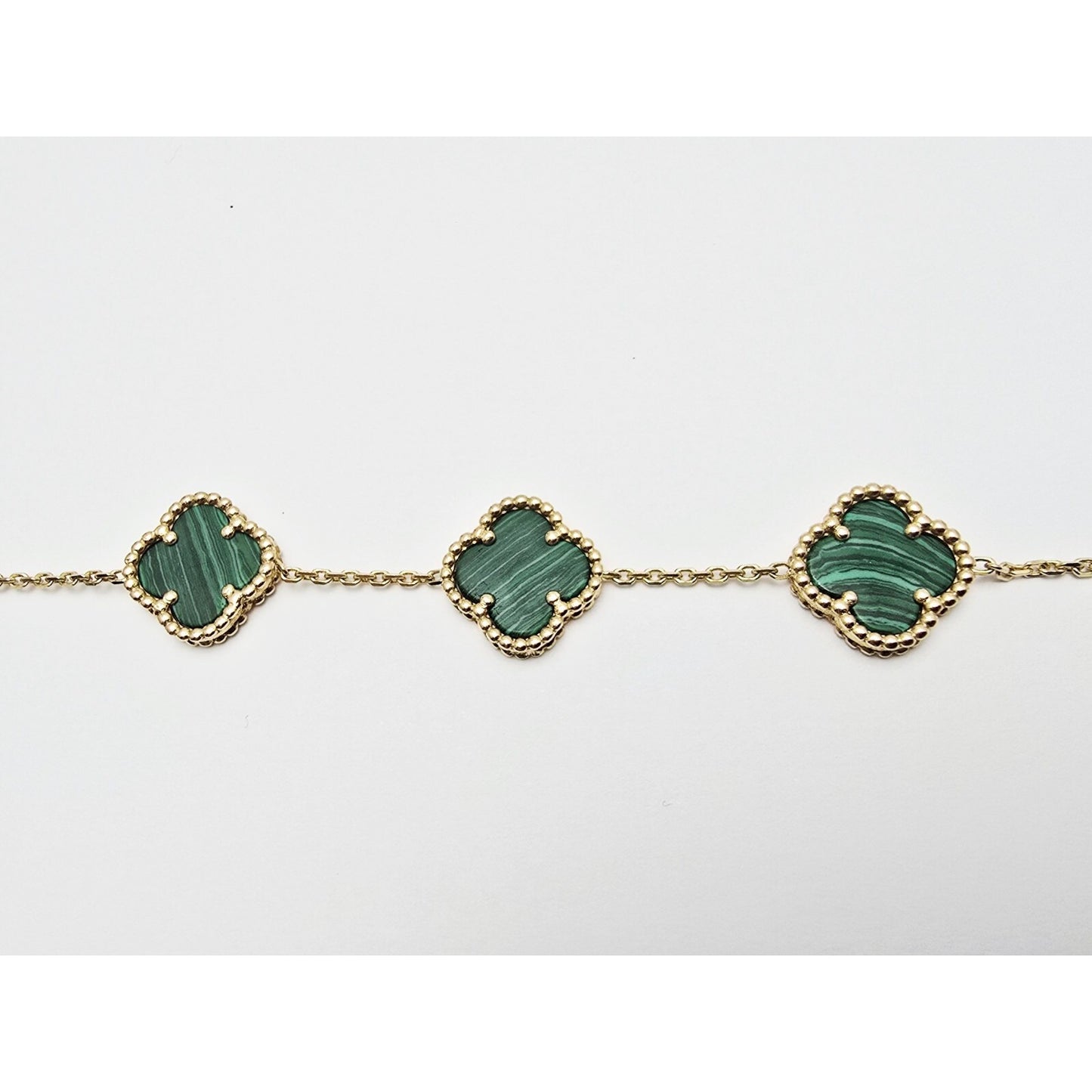 14K Yellow Gold Malachite Four Leaf Clover Cable Link Chain Bracelet