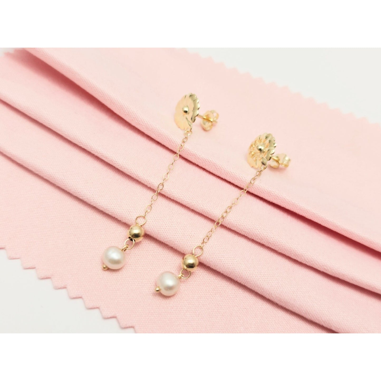 14K Yellow Gold Drop Dangle Bead Ball Pearl Stud Earrings