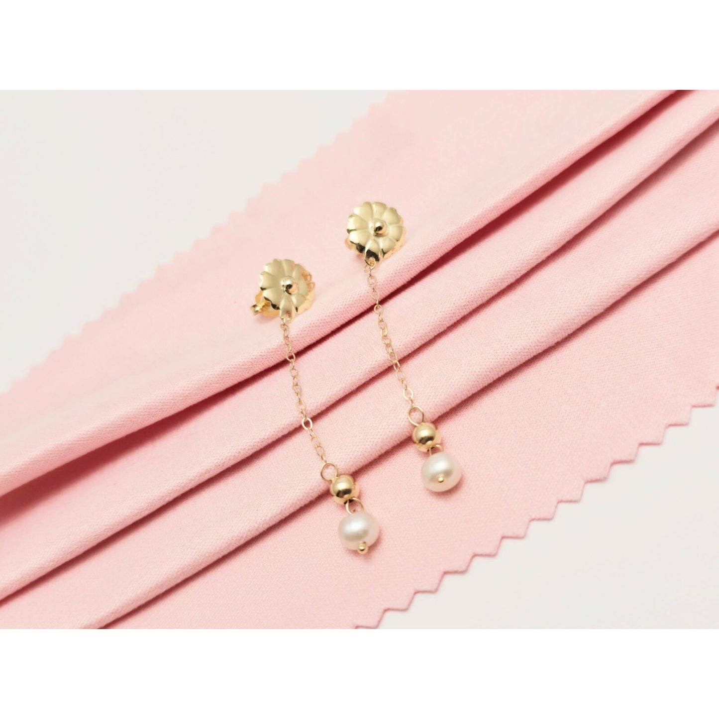 14K Yellow Gold Drop Dangle Bead Ball Pearl Stud Earrings