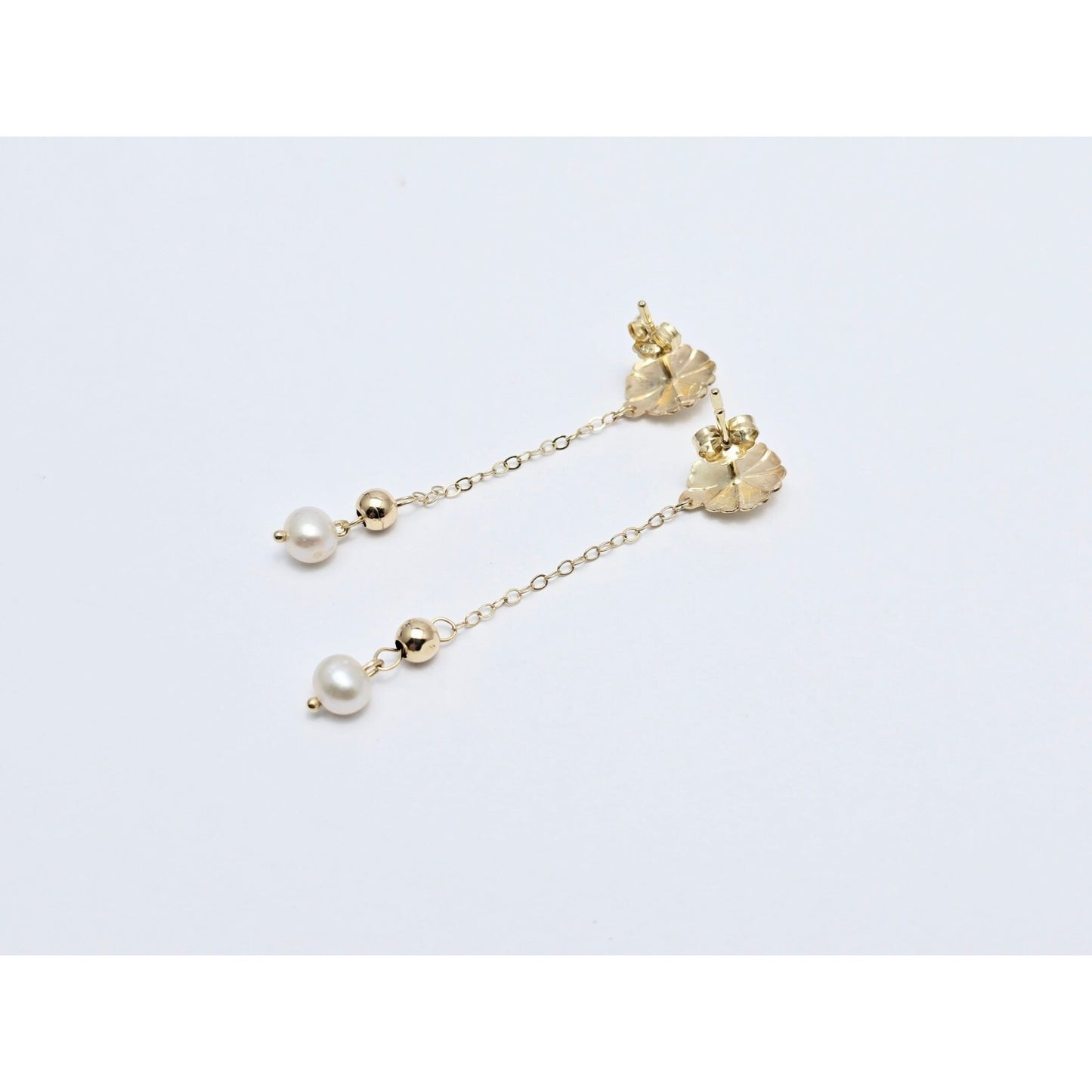 14K Yellow Gold Drop Dangle Bead Ball Pearl Stud Earrings