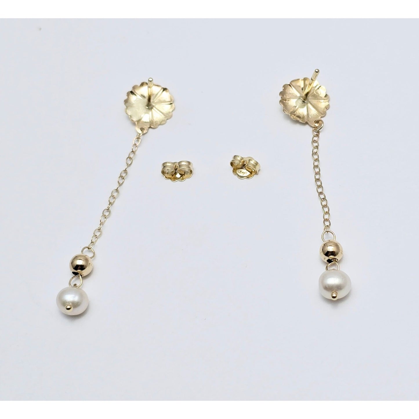 14K Yellow Gold Drop Dangle Bead Ball Pearl Stud Earrings