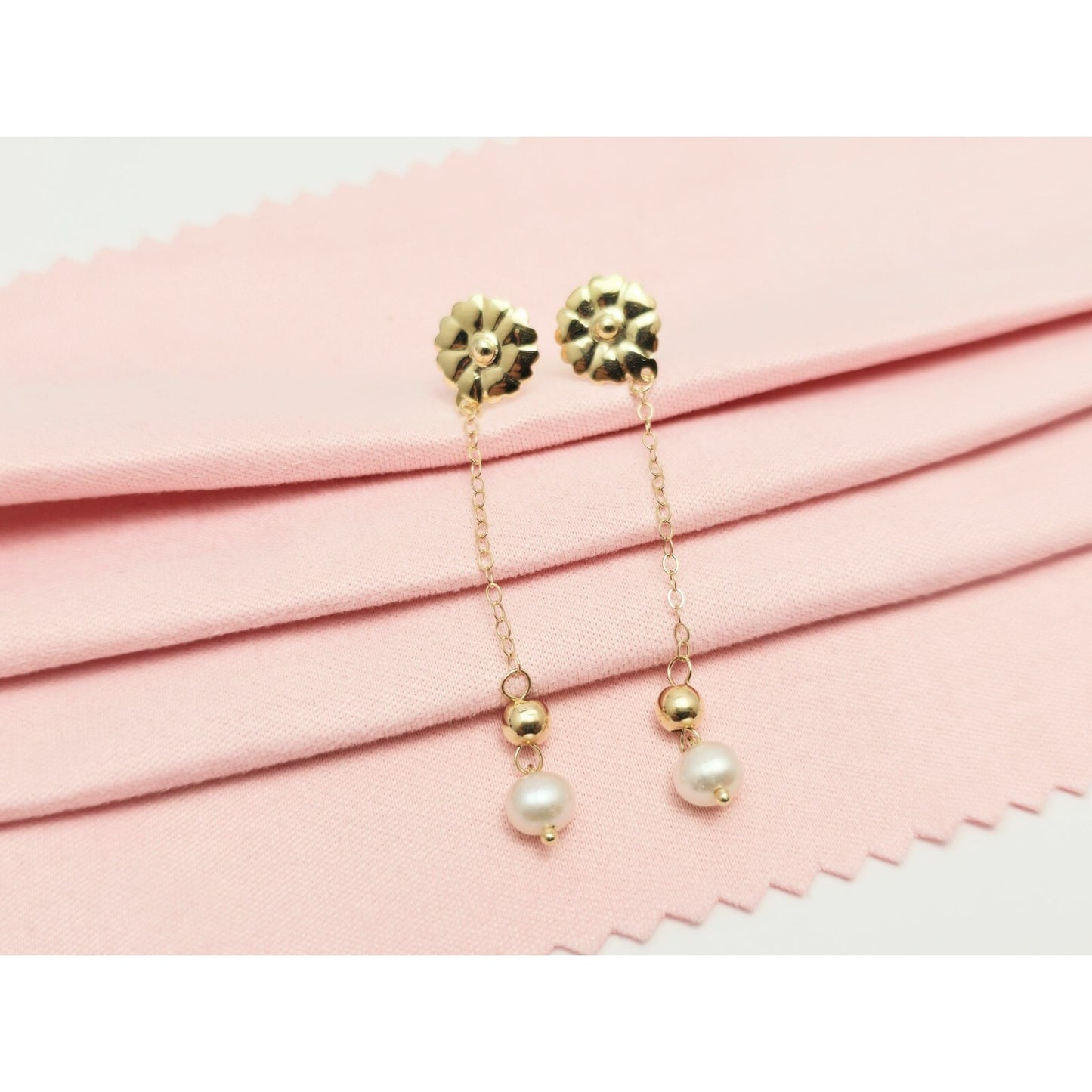 14K Yellow Gold Drop Dangle Bead Ball Pearl Stud Earrings